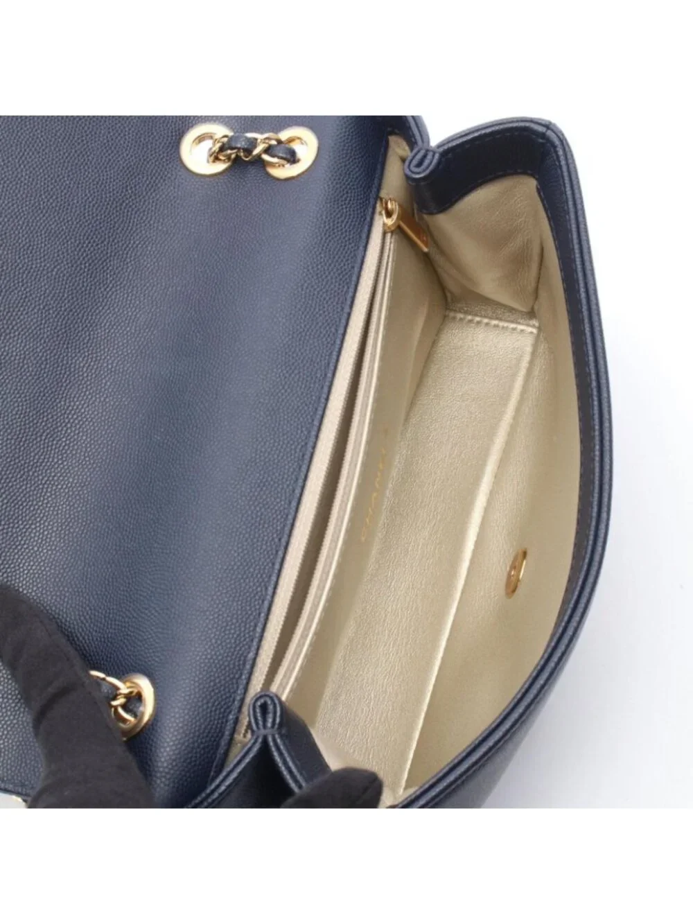 Chanel Shoulder Bag CC Logo Navy Gold Caviar Leather Chain